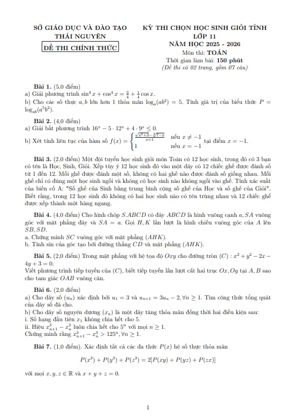 đề chọn học sinh giỏi cấp tỉnh toán 11 năm 2025 – 2026 sở gd&đt thái nguyên