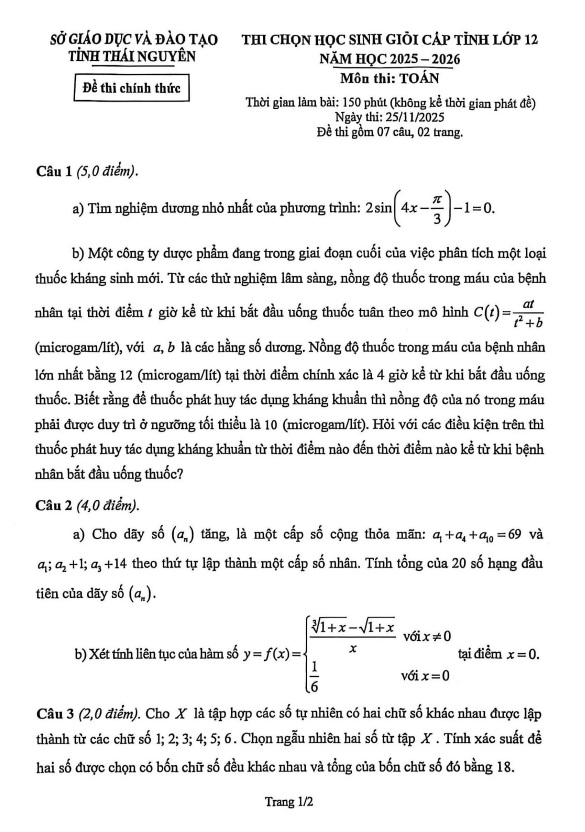 đề chọn học sinh giỏi cấp tỉnh toán 12 năm 2025 – 2026 sở gd&đt thái nguyên