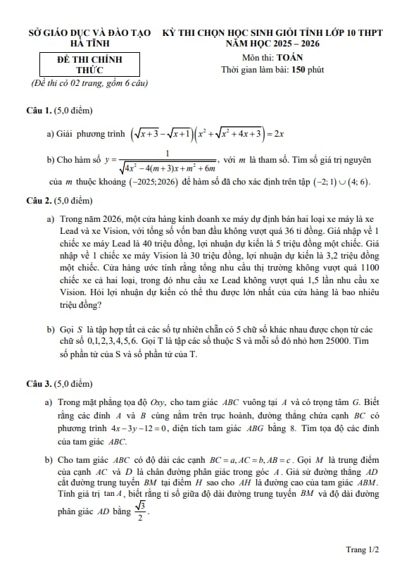 đề chọn học sinh giỏi tỉnh toán 10 năm 2025 – 2026 sở gd&đt hà tĩnh