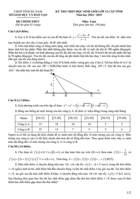 đề chọn học sinh giỏi tỉnh toán 12 năm 2024 – 2025 sở gd&đt hà nam
