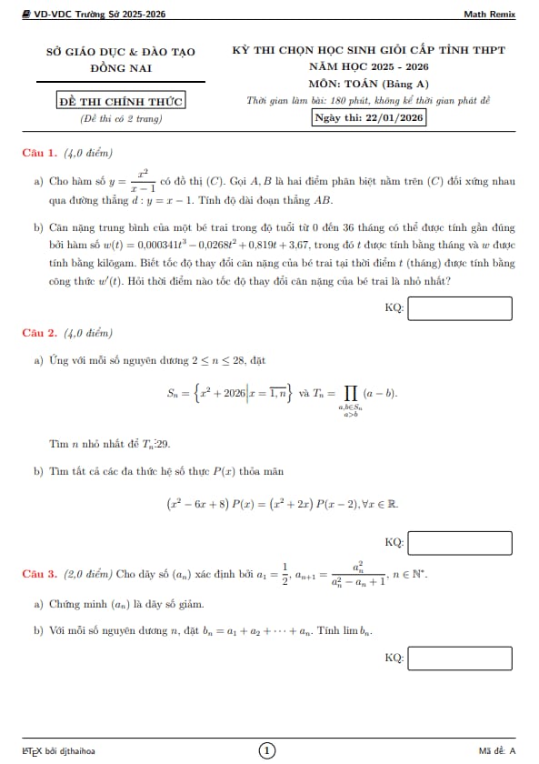 đề chọn học sinh giỏi tỉnh toán thpt năm 2025 – 2026 sở gd&đt đồng nai