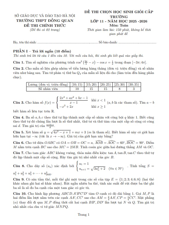 đề chọn học sinh giỏi toán 11 năm 2025 – 2026 trường thpt đồng quan – hà nội