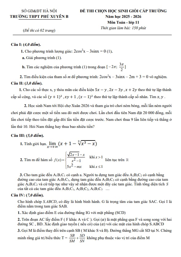 Tài liệu đề chọn học sinh giỏi toán 11 năm 2025 – 2026 trường thpt phú xuyên b – hà nội