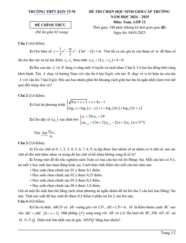 đề chọn học sinh giỏi toán 12 năm 2024 – 2025 trường thpt kon tum