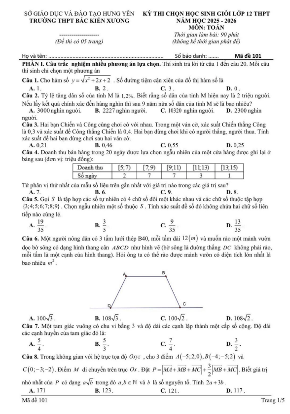đề chọn học sinh giỏi toán 12 năm 2025 – 2026 trường thpt bắc kiến xương – hưng yên