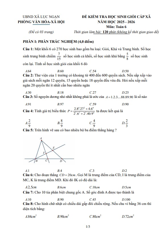 Tài liệu đề chọn học sinh giỏi toán 6 năm 2025 – 2026 xã lục ngạn – bắc ninh