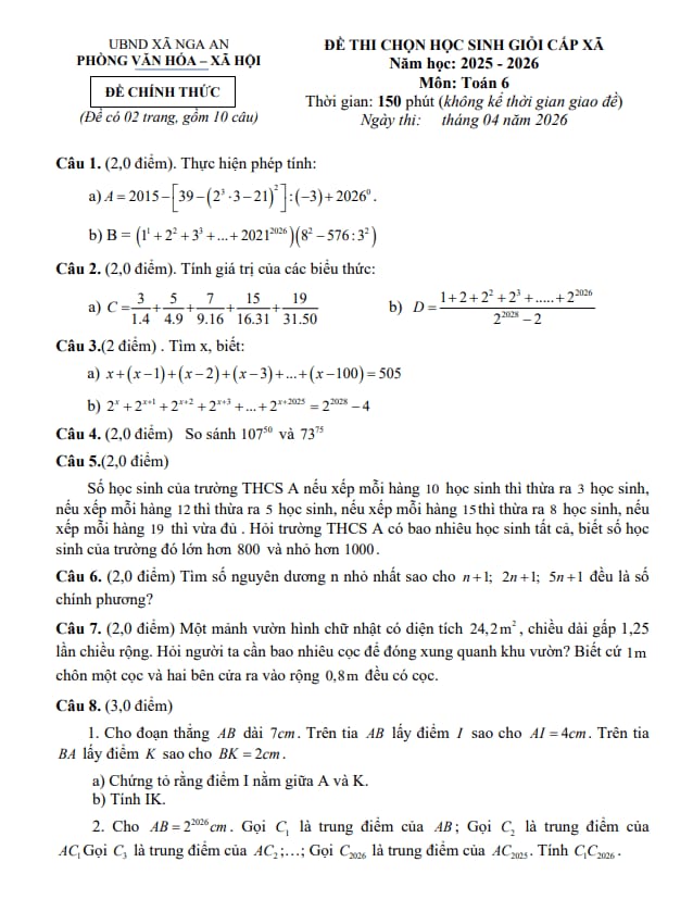 đề chọn học sinh giỏi toán 6 năm 2025 – 2026 xã nga an – thanh hóa