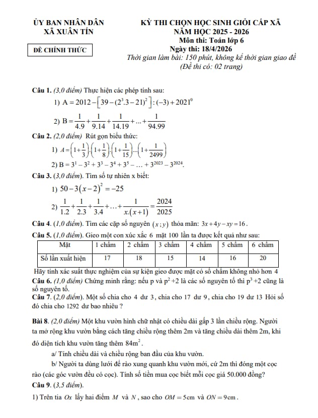 Tài liệu đề chọn học sinh giỏi toán 6 năm 2025 – 2026 xã xuân tín – thanh hóa