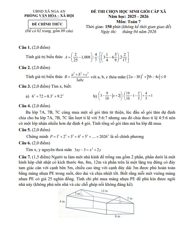 đề chọn học sinh giỏi toán 7 năm 2025 – 2026 xã nga an – thanh hóa