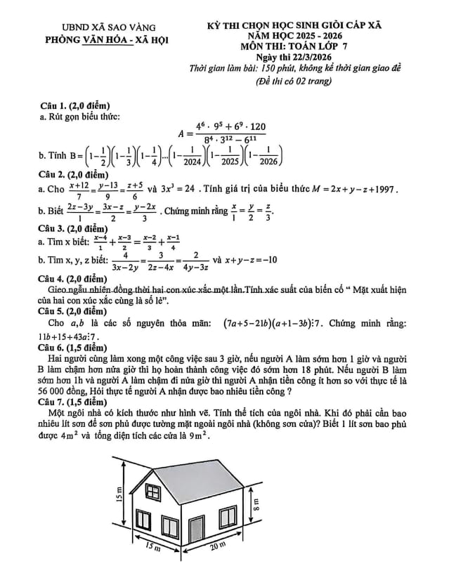 đề chọn học sinh giỏi toán 7 năm 2025 – 2026 xã sao vàng – thanh hóa