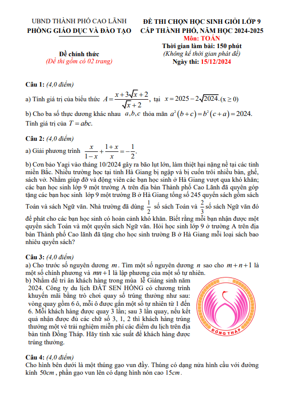 đề chọn học sinh giỏi toán 9 năm 2024 – 2025 phòng gd&đt cao lãnh – đồng tháp