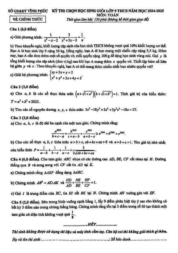 đề chọn học sinh giỏi toán 9 năm 2024 – 2025 sở gd&đt vĩnh phúc
