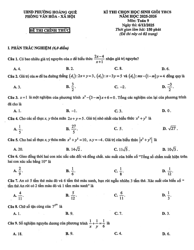 đề chọn học sinh giỏi toán 9 năm 2025 – 2026 phường hoàng quế – quảng ninh