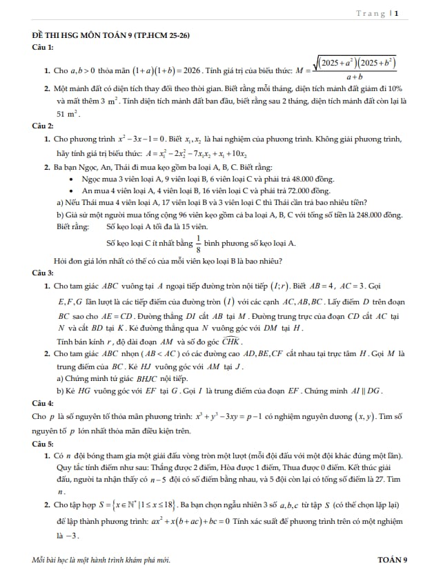 đề chọn học sinh giỏi toán 9 năm 2025 – 2026 sở gd&đt tp hồ chí minh