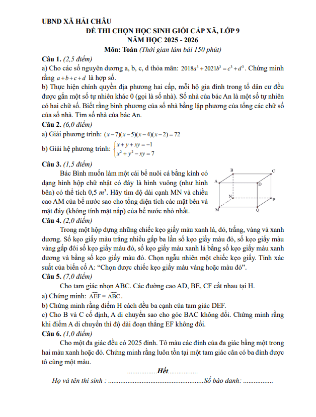đề chọn học sinh giỏi toán 9 năm 2025 – 2026 xã hải châu – nghệ an
