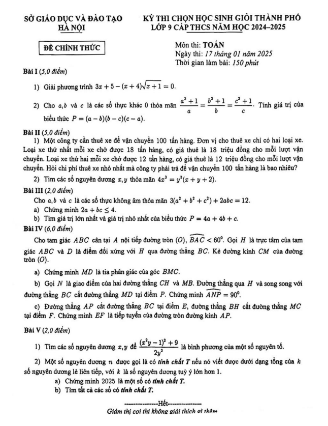 đề chọn học sinh giỏi toán 9 thcs năm 2024 – 2025 sở gd&đt hà nội