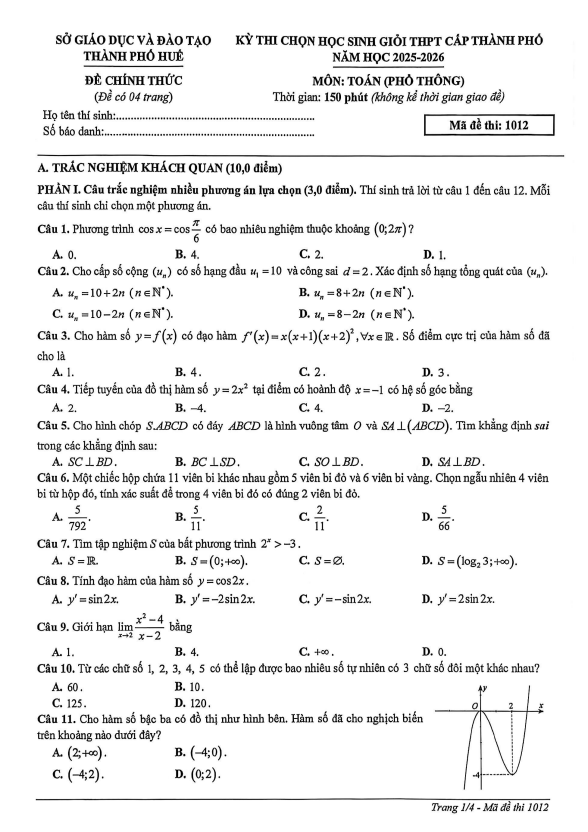 đề chọn học sinh giỏi toán thpt năm 2025 – 2026 sở gd&đt huế