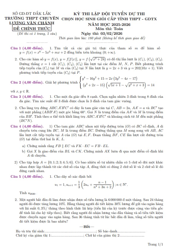 đề chọn hsg toán thpt năm 2025 – 2026 trường chuyên lương văn chánh – đắk lắk