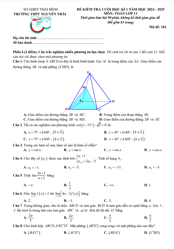 đề cuối học kì 1 toán 11 năm 2024 – 2025 trường thpt nguyễn trãi – thái bình