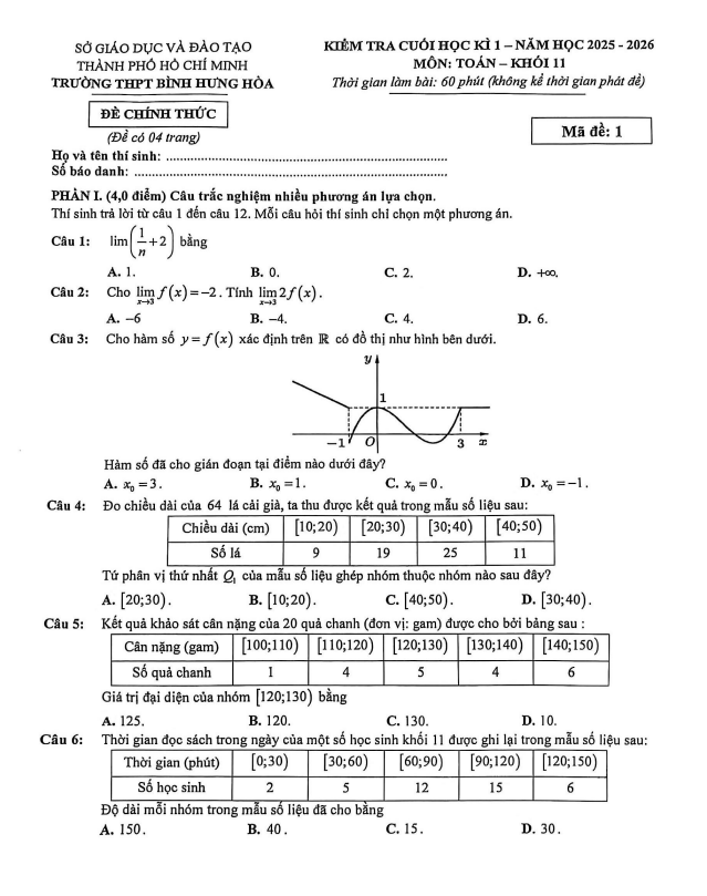 đề cuối học kì 1 toán 11 năm 2025 – 2026 trường thpt bình hưng hòa – tp hcm