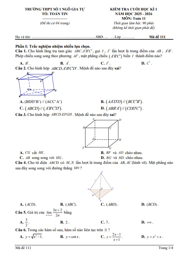 đề cuối học kì 1 toán 11 năm 2025 – 2026 trường thpt ngô gia tự 1 – đắk lắk
