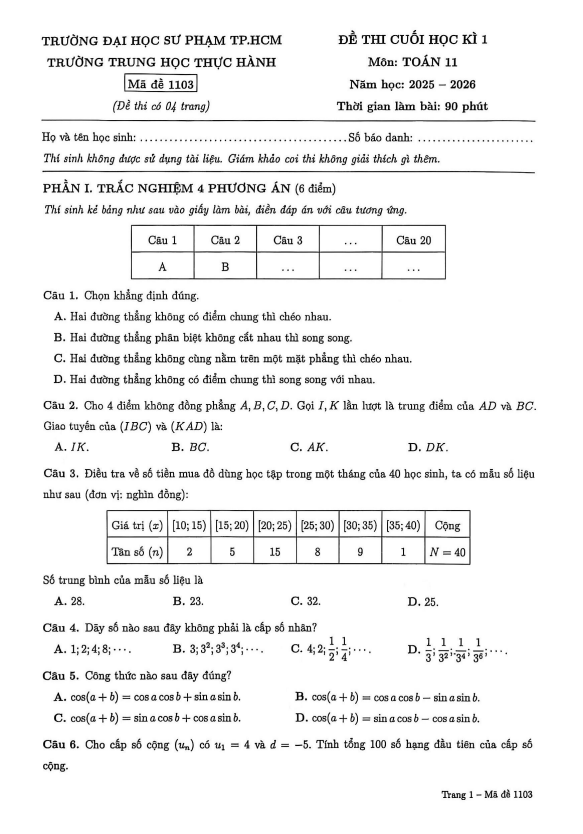 đề cuối học kì 1 toán 11 năm 2025 – 2026 trường trung học thực hành đhsp – tp hcm