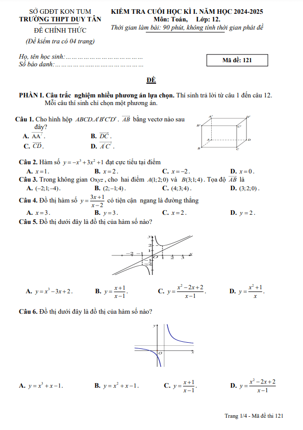 đề cuối học kì 1 toán 12 năm 2024 – 2025 trường thpt duy tân – kon tum