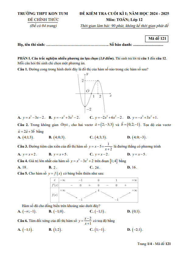 đề cuối học kì 1 toán 12 năm 2024 – 2025 trường thpt kon tum