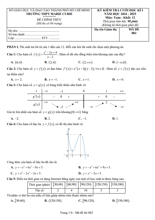 đề cuối học kì 1 toán 12 năm 2024 – 2025 trường thpt marie curie – tp hcm