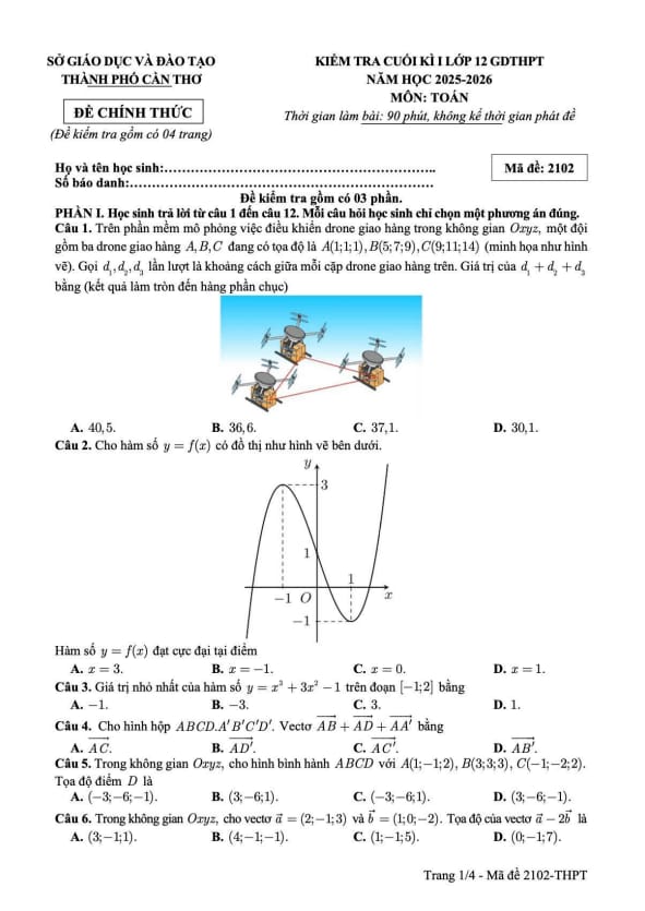 Tài liệu đề cuối học kì 1 toán 12 năm 2025 – 2026 sở gd&đt cần thơ