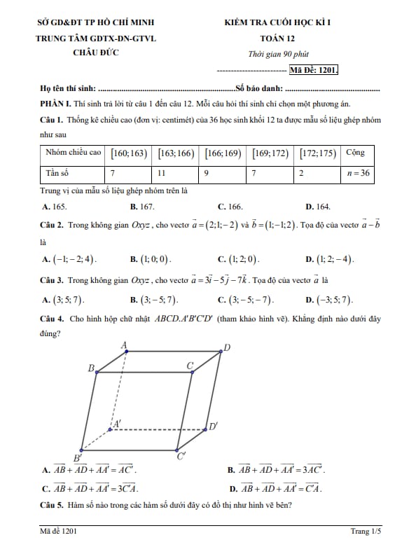 Tài liệu đề cuối học kì 1 toán 12 năm 2025 – 2026 trung tâm gdtx châu đức – tp hcm