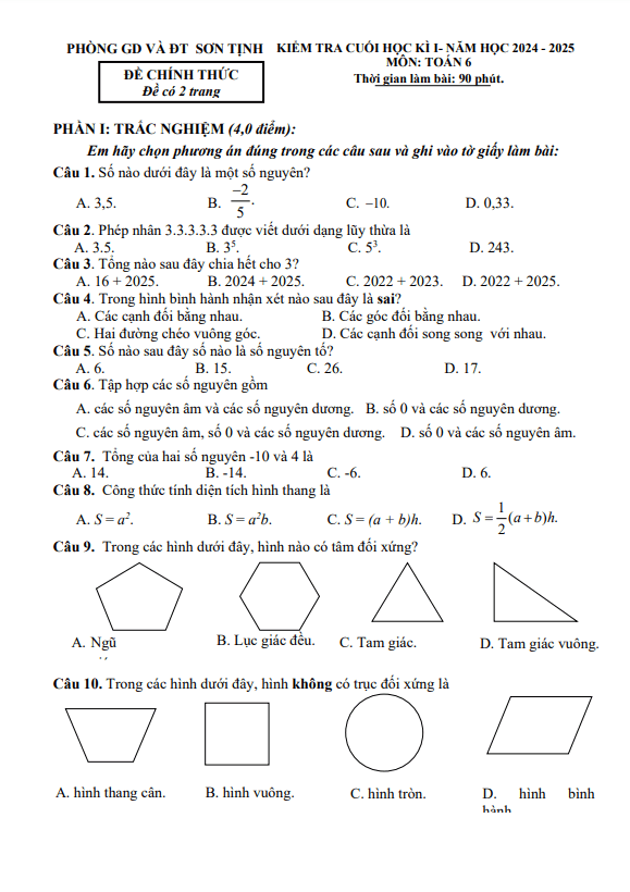 đề cuối học kì 1 toán 6 năm 2024 – 2025 phòng gd&đt sơn tịnh – quảng ngãi