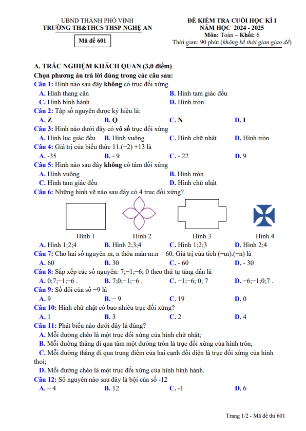 đề cuối học kì 1 toán 6 năm 2024 – 2025 trường th&thcs thsp nghệ an