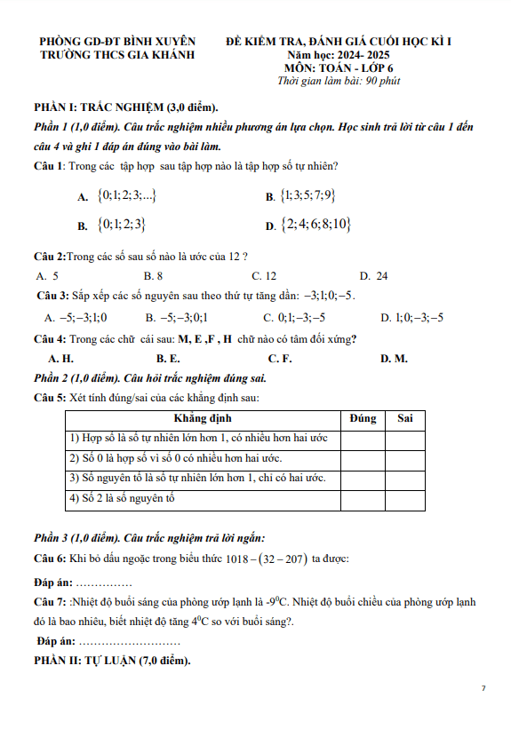 đề cuối học kì 1 toán 6 năm 2024 – 2025 trường thcs gia khánh – vĩnh phúc