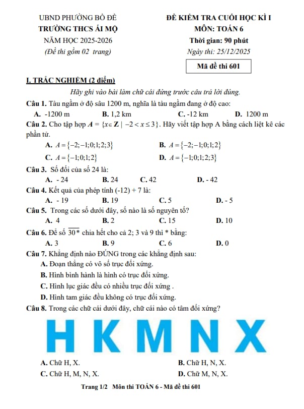 đề cuối học kì 1 toán 6 năm 2025 – 2026 trường thcs ái mộ – hà nội