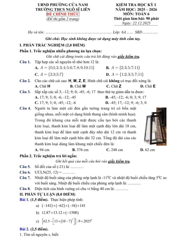 đề cuối học kì 1 toán 6 năm 2025 – 2026 trường thcs ngô sĩ liên – hà nội