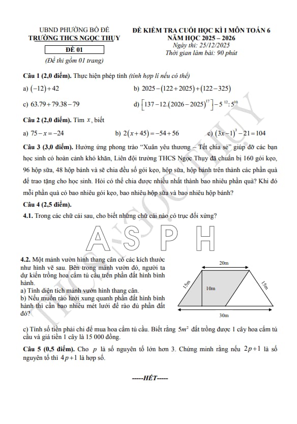 đề cuối học kì 1 toán 6 năm 2025 – 2026 trường thcs ngọc thụy – hà nội