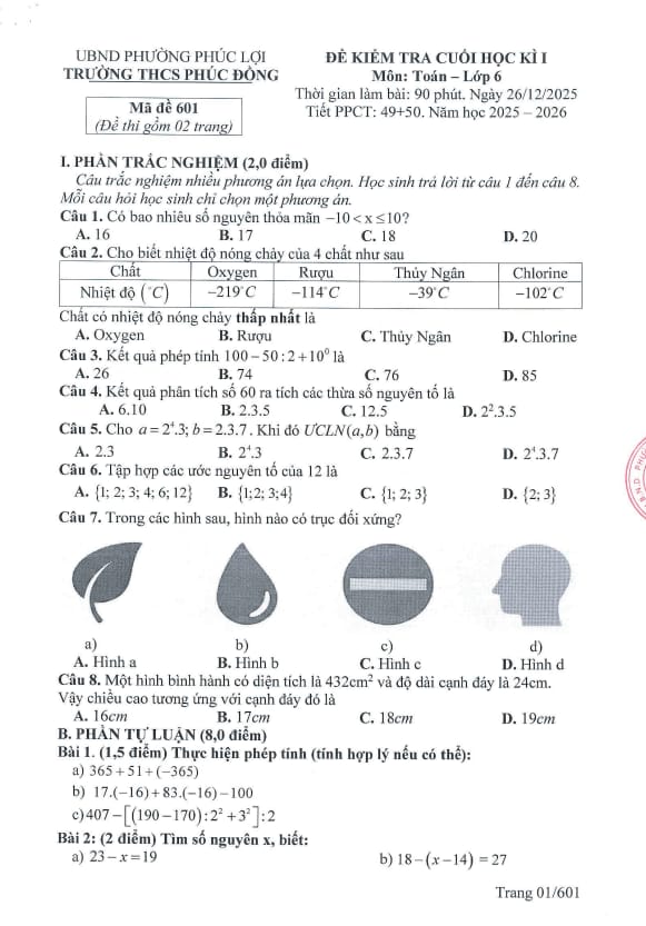 đề cuối học kì 1 toán 6 năm 2025 – 2026 trường thcs phúc đồng – hà nội