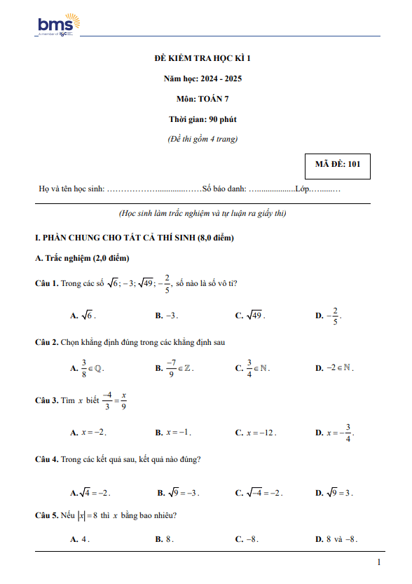 đề cuối học kì 1 toán 7 năm 2024 – 2025 trường ban mai school – hà nội