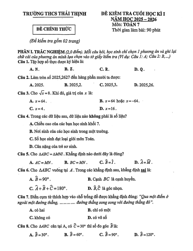 đề cuối học kì 1 toán 7 năm 2025 – 2026 trường thcs thái thịnh – hà nội
