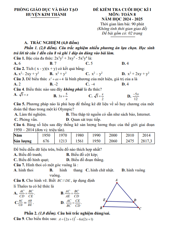 đề cuối học kì 1 toán 8 năm 2024 – 2025 phòng gd&đt kim thành – hải dương