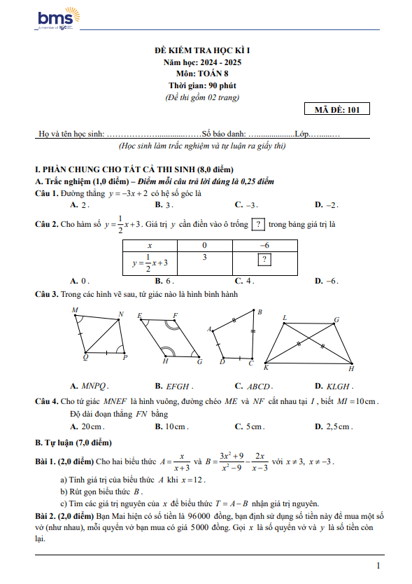 đề cuối học kì 1 toán 8 năm 2024 – 2025 trường ban mai school – hà nội