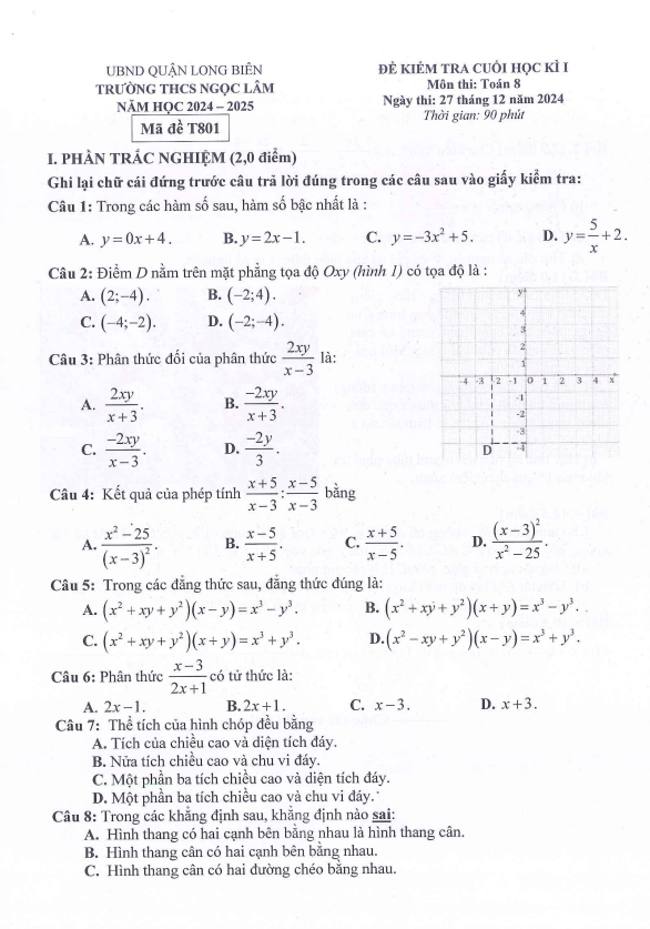 đề cuối học kì 1 toán 8 năm 2024 – 2025 trường thcs ngọc lâm – hà nội