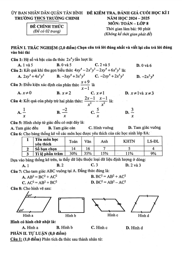 đề cuối học kì 1 toán 8 năm 2024 – 2025 trường thcs trường chinh – tp hcm