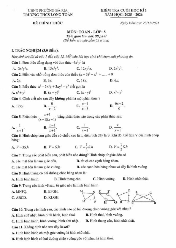 đề cuối học kì 1 toán 8 năm 2025 – 2026 trường thcs long toàn – tp hcm