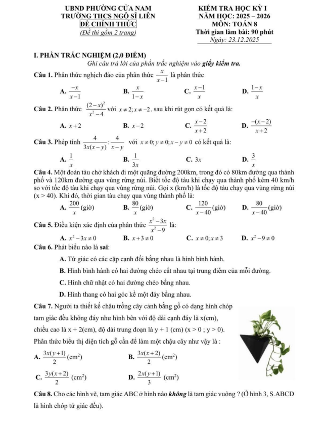 đề cuối học kì 1 toán 8 năm 2025 – 2026 trường thcs ngô sĩ liên – hà nội