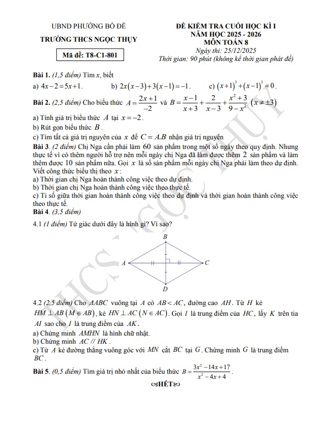 đề cuối học kì 1 toán 8 năm 2025 – 2026 trường thcs ngọc thụy – hà nội