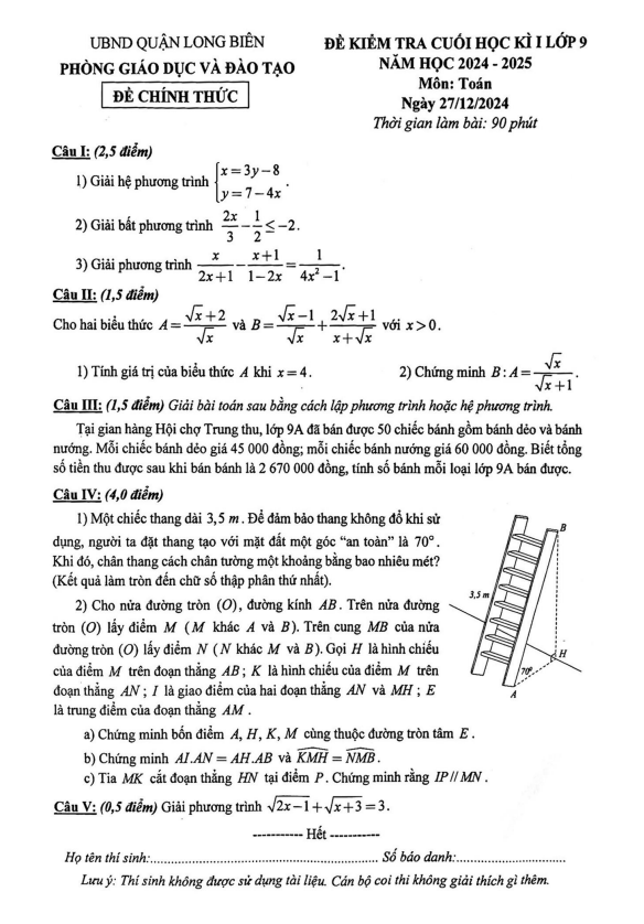 đề cuối học kì 1 toán 9 năm 2024 – 2025 phòng gd&đt long biên – hà nội