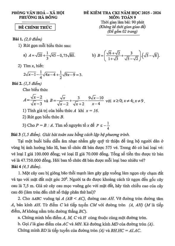 Tài liệu đề cuối học kì 1 toán 9 năm 2025 – 2026 phường hà đông – hà nội