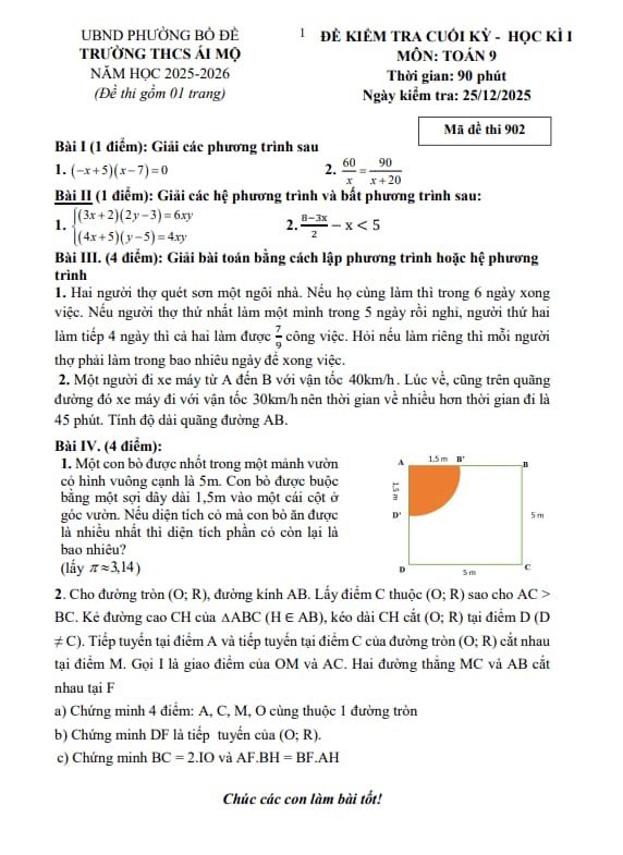 đề cuối học kì 1 toán 9 năm 2025 – 2026 trường thcs ái mộ – hà nội